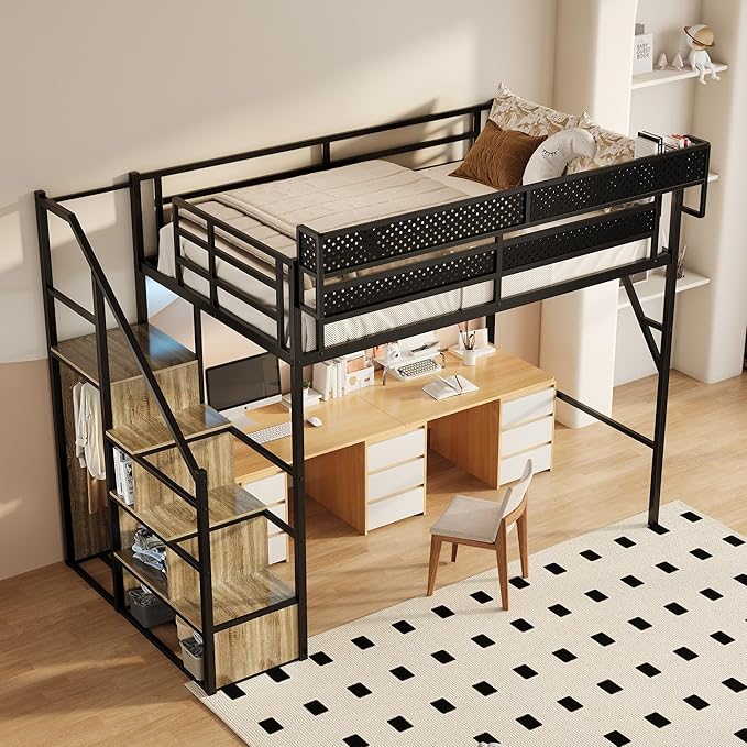 Full Size Metal Loft Bed with Storage Shelf Built-in USB Port, Heavy Duty Loft Bed w/Storage Stairs & Wardrobe+ LED Lights for Bedroom, Large Under-Bed Area, Noise Free, No Box Spring Needed