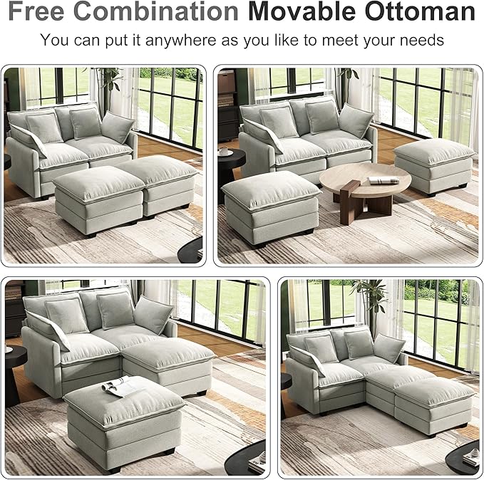 58" Cloud Couch Loveseat, Deep Seat Modular Sectional Sofa with 4 Removable Washable Pillows and 2 Ottoman for Living Room, Bedroom, Apartment, Light Grey