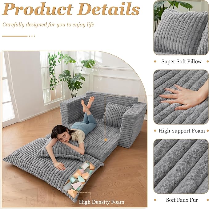 YOSHOOT Loveseat Sleeper Sofa, Convertible Sofa Bed Couch Futon Couches for Living Room, 3-in-1 Pull Out Floor Couch with Cushion and Pillows, Dark Grey