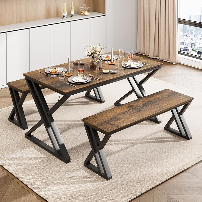 GAOMON Dining Table Bench Set for 4, Kitchen Table Set with 2 Benches, Rectangular Dining Room Table Set with Sturdy Metal Frame, Saving Space for Kitchen, Dining Room, Apartment, Vintage Brown