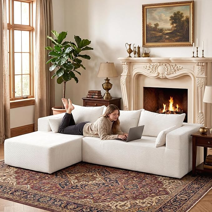 106" Cloud Sectional Boneless Couches for Living Room, Modular L Shaped Couch with Deep Seat Oversized Left Facing Chaise, Memory Foam Compressed Spineless 3 Seater Sofa for Bedroom Apartment, Beige