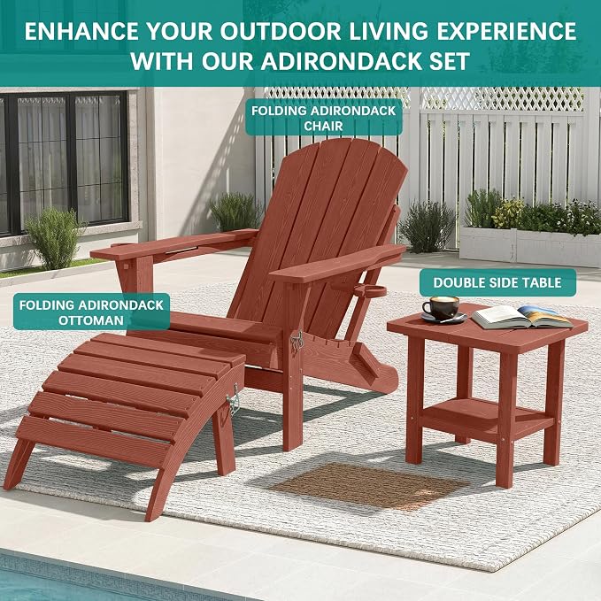 PLUUV Folding Adirondack Ottoman Footrest, All-Weather HDPE Outdoor Footstool for Adirondack Chair, Foldable Ottoman for Patio Backyard Pool Deck, Reddish
