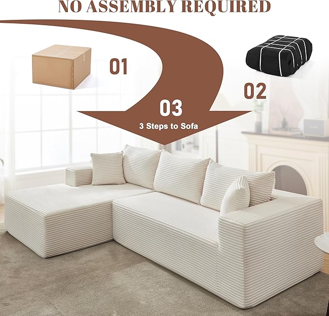 Mangodan 110” Cloud Sectional Couch, Modular Sectional Sofa for Living Room, Boneless Sofa with Deep Seat, Comfy Fluffy Couch with L-Shaped Chaise, No Assembly Required (Left-Facing Chaise, Beige)