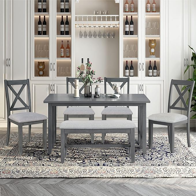 Harper & Bright Designs 6-Piece Family Dining Room Set Solid Wood Space Saving Foldable Table and 4 Chairs with Bench for Dining Room (Gray)