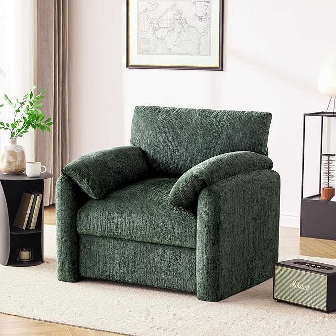 Howjoe Chenille Oversized Armchair, 38.6" Wide Accent Chairs for Living Room & Bedroom Modern Lounge Chair, Upholstered Mid-Century Reading Chair, Comfy Living Room Chair, Single Sofa Chair, Green