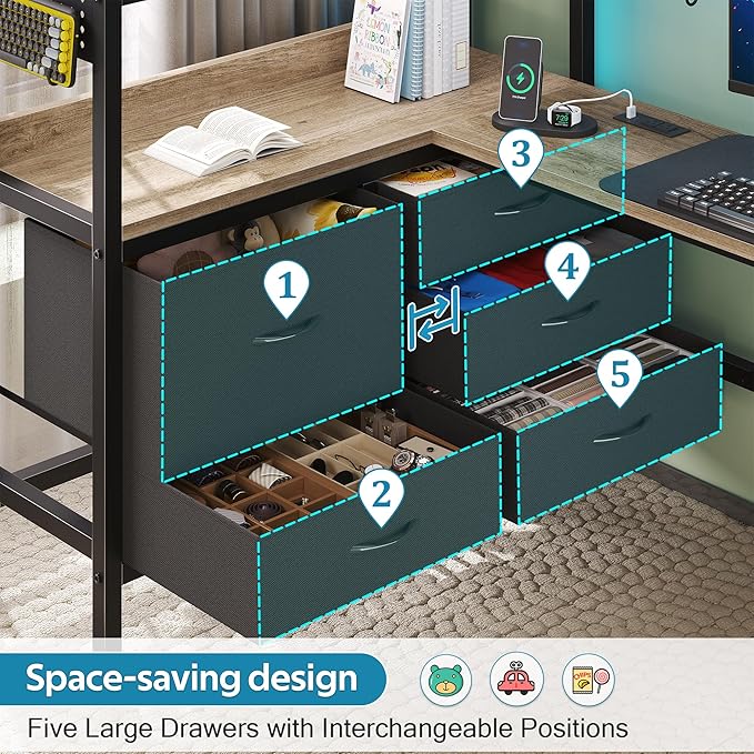 busyaeh Loft Bed Twin Size,Loft Bed with Desk & RGB LED Lights and Charging Station,Bunk Bed with Desk and 5 Storage Drawer Cabinets and 2 Open Shelves,Twin Loft Bed No Box Spring Needed,Oak Gray