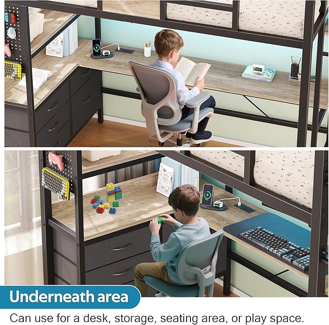 busyaeh Loft Bed Twin Size,Loft Bed with Desk & RGB LED Lights and Charging Station,Bunk Bed with Desk and 5 Storage Drawer Cabinets and 2 Open Shelves,Twin Loft Bed No Box Spring Needed,Oak Gray