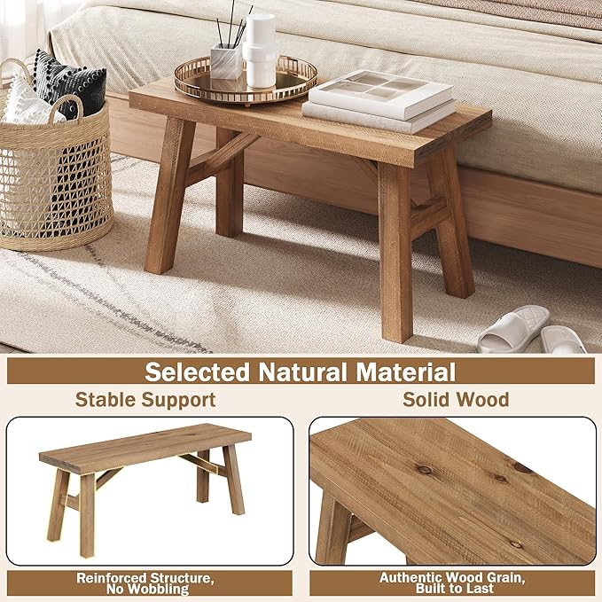 Wnutrees Sawmill Long Wood Bench, 43" Farmhouse Entryway Bench for Living Dining Room, Rustic Entry Way Benches Seat, Solid Wood, Handcraft Finshed, Natural