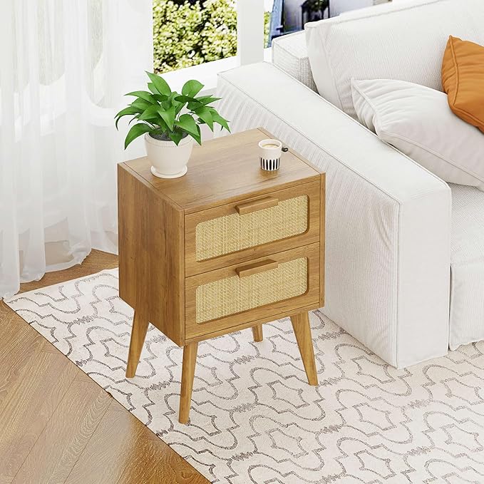 YAUKOMEL Rattan Nightstand, Wood End Table, Side Table with 2 Hand Made Rattan Decorated Drawers,Boho Bedside Table,Wood Accent Table with Storage for Livingroom, Bedroom, Toffee Wood CTG59T