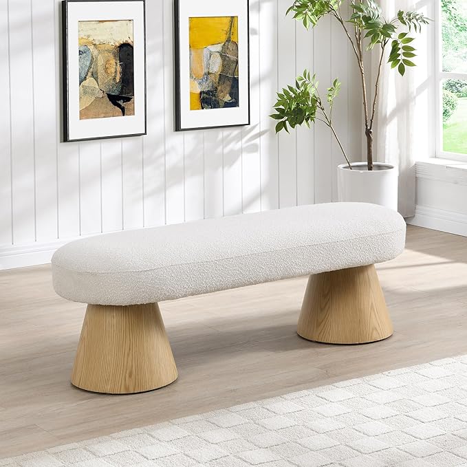 Christopher Knight Home Manila 49" Oval Dining Bench, Boucle Ottoman Bench, Large Dining Chair, Comfort Kitchen Seating, Comfort Long Footstool for Living Room Dining Room, No Assembly Needed, Beige