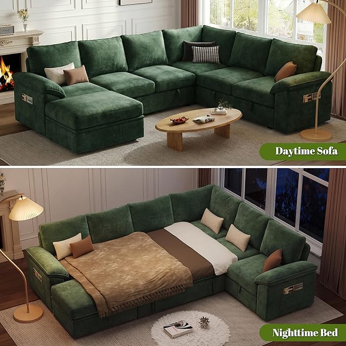108 Inch Modular Sectional Sofa with Pull Out Bed,U Shaped 7 Seat Sectional Sleeper Sofa with Storage,Sectional Couches for Living Room,Cloud Modular Couch,Removable Sofa Cover,Green