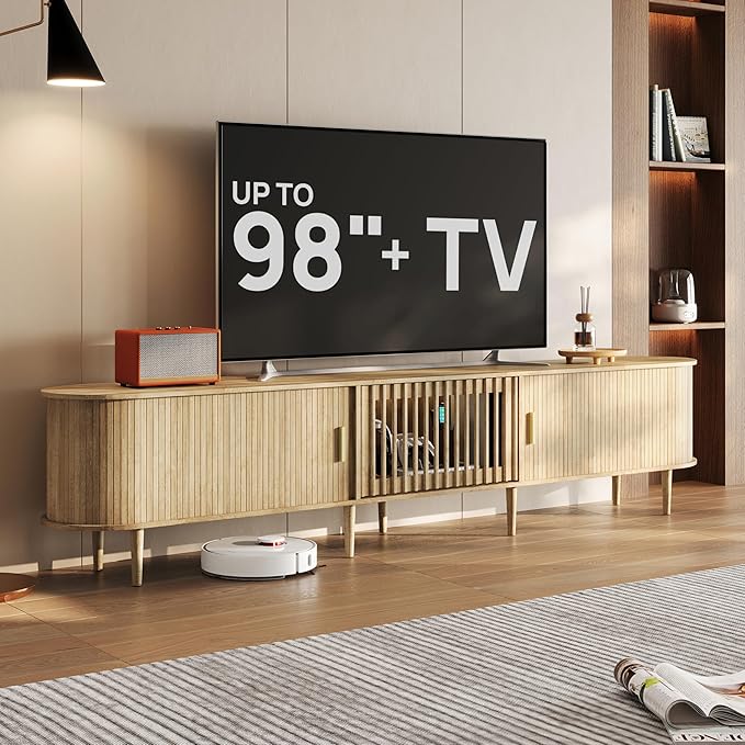 94.5" Fluted Mid Century Modern TV Stand for TVs Up to 80/85/86/90/98/100", Tambour Sliding Doors Entertainment Center with Storage&LED, Curved Media & TV Console Long TV Stands for Living Room, Oak