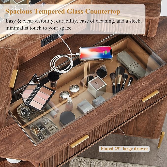 T4TREAM 48" Fluted Makeup Vanity Desk with HD Triple Mirror and Lights, Large Lighted Corner Vanity with Glass Top, Modern Dressing Table with 3 Drawers & 2 Cabinets for Bedroom, Light Walnut