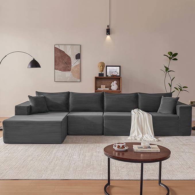 Mangodan 140” Cloud Sectional Couch, Modular Sectional Sofa with Deep Seat, Boneless Sofa for Living Room, Fluffy Comfy L-Shaped Couch with Left Facing Chaise, No Assembly Required, Grey