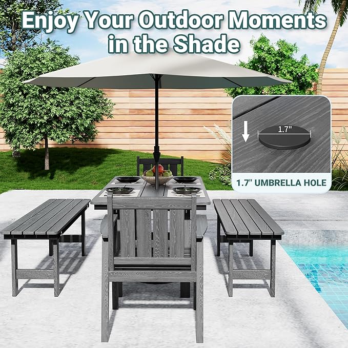 Pamapic 5 PCS Outdoor Dining Set, Spacious HDPE Outdoor Table and Chairs with 2 Bench, Wood Grain Patio Furniture Sets with Elegant Armrest, All-Weather Outdoor Furniture with Umbrella Hole, Gray