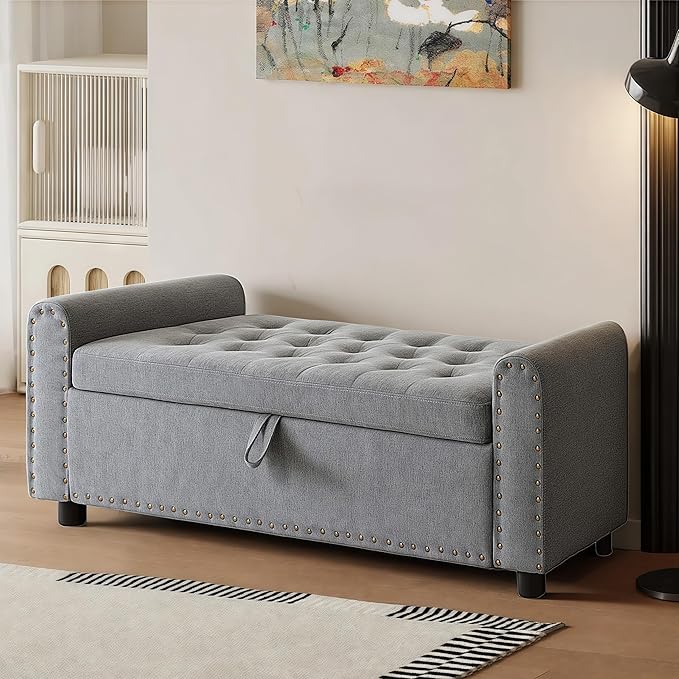 48" Ottoman with Storage, Tufted Storage Ottoman Bench, Convenient Living Room Fabrics Bench Seat, Entryway Shoe Benches with Inner Zipper&Arm, Upholstered Window Seat Ottomans with Rivets, Dark Grey