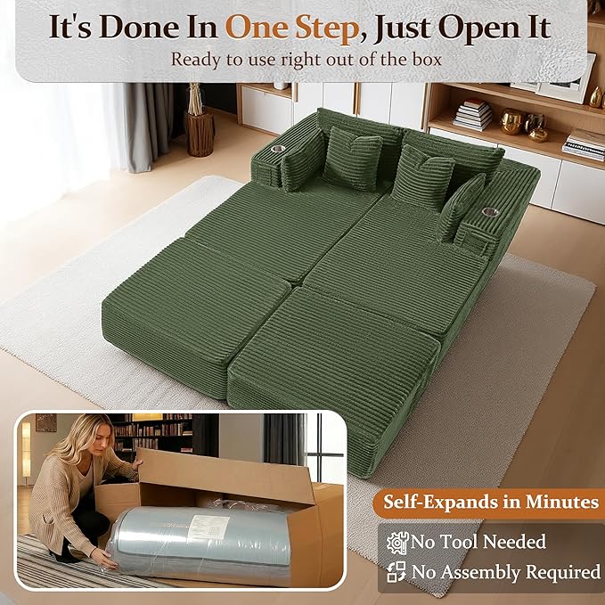 72" Cloud Sectional Couch, Comfort Sleep Sofa for Living Room, Extra Deep Seats No Assembly, Minimalist Modular Couch, Corduroy (Olive Green, Extend Loveseat Chaise)