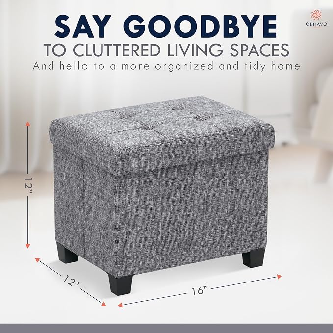 Ornavo Home Storage Ottoman Small Rectangle Ottoman with Legs, Foot Rest Stool Seat, Load up to 600 LB, for Living Room, Bedroom, Home Office, Dorm - 12 x 16 x 12, Gray