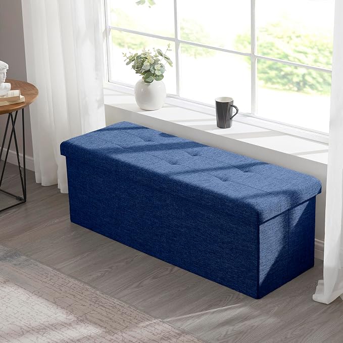 Ornavo Home Folding Storage Ottoman, 43 Inch Extra Large Storage Bench with Lid, Foot Rest Stool for Bedroom, Living Room, Entryway, Tufted Linen Upholstered - Navy Blue