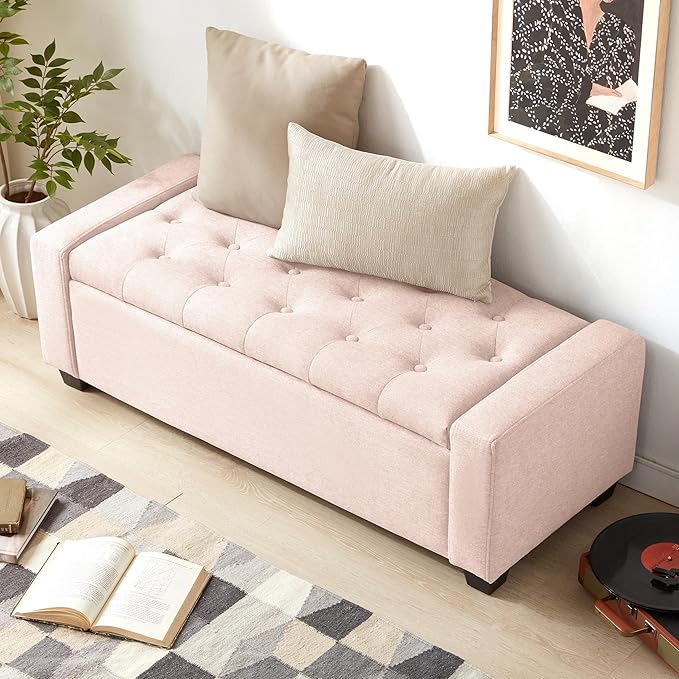 Huatean Home 48" Ottoman with Storage, Pink Storage Ottoman Bench with Safety Hinge, Upholstered Entryway Bench with Seating for Bedroom, Living Room, Holds up to 330 lb