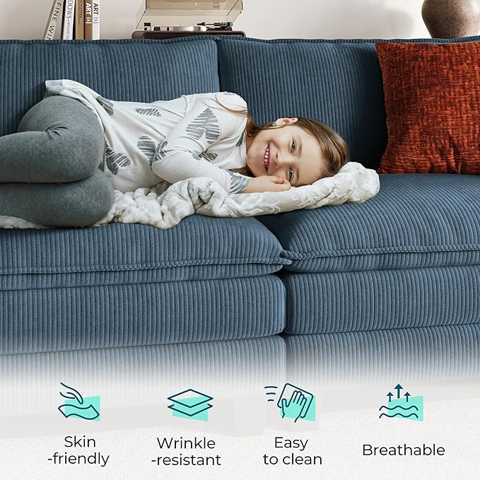 LINSY HOME Modular Sectional Sofa, 6-Seat Corduroy Modern Cloud Couch with Deep Seat & 1 Movable Ottoman, Perfect for Living Room, Office, Bedroom, Blue