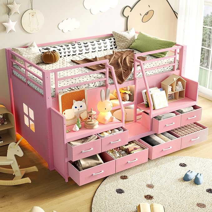 Bellemave Twin Size Loft Bed with 8 Non-Woven Fabric Storage Drawers and Bookshelf, Low Loft Bed with Lights and Private Play Curtain, Twin Loft Beds with High Rails, Noise Reduced Pink