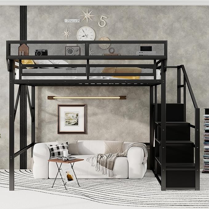 KEIKI Queen Size Metal Loft Bed Frame with Convertible Staircase, Built-in Storage Shelves and Wardrobe, Loft Bed with Solid Slats, Guardrail, No Box Spring Required, Easy Assembly, for Bedroom, Black