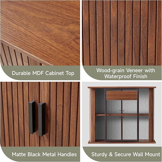weselon Fluted Wall Mounted Bathroom Cabinet with Sliding Doors, Medicine Cabinet Storage for Over the Toilet, Space Saver Organizer for Small Bathroom Laundry Kitchen (Walnut)