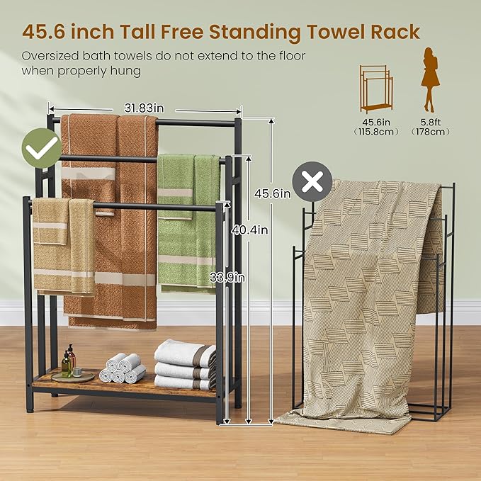 46" Extra Large Freestanding Towel Rack Stand for Bathroom, 3 Tier Blanket Ladder Holder, Outdoor Bath Towel Drying Rack with Shelf, Next to Tub or Shower, Quilt Rack, Rustic Brown and Black
