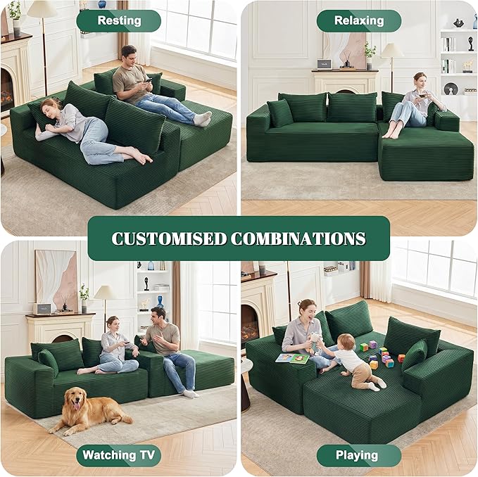Mangodan 110” Cloud Sectional Couch, Boneless Sofa for Living Room, Modular Sectional Sofa with Deep Seat, Comfy Fluffy Couch with L-Shaped Chaise, No Assembly Required (Right-Facing Chaise, Green)