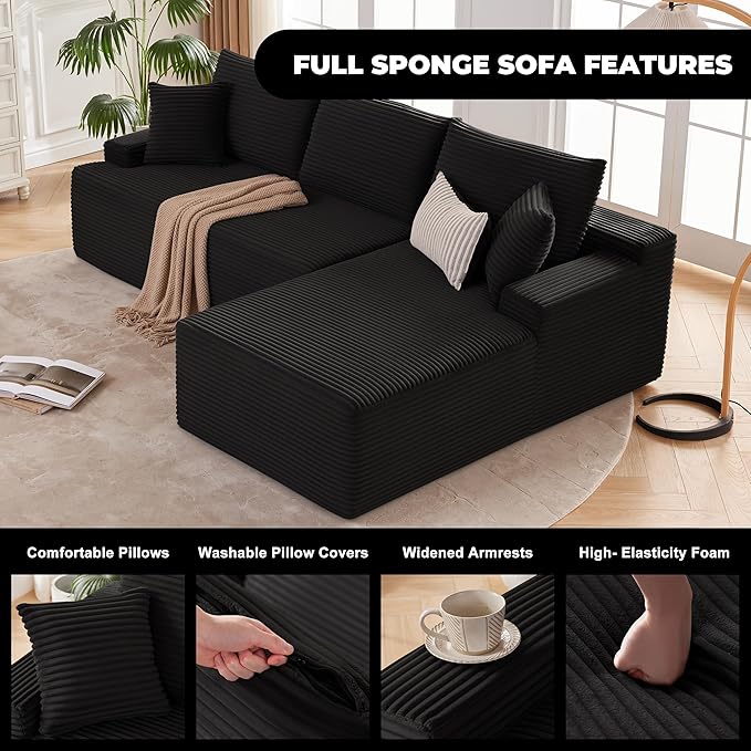 Mangodan Cloud Sectional Sofa, Boneless Couch for Living Room, Modular Sectional Sofa with Deep Seat, Fluffy L-Shaped Comfy Couch with Right-Facing Chaise, No Assembly Required, Black