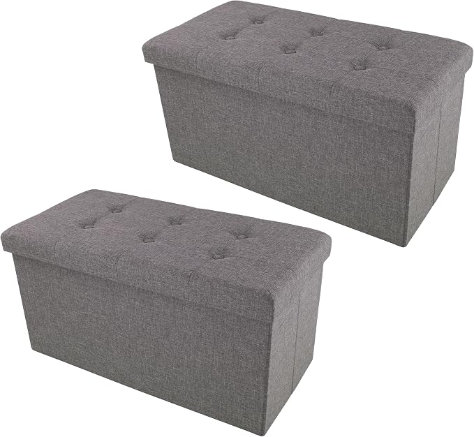 Lavish Home Folding Storage Ottoman - Set of 2 30-Inch Folding Tufted Footrest, Linen Chest, or Bench with Removable Bin for Living Room, Bedroom, or Dorm (Dark Gray)