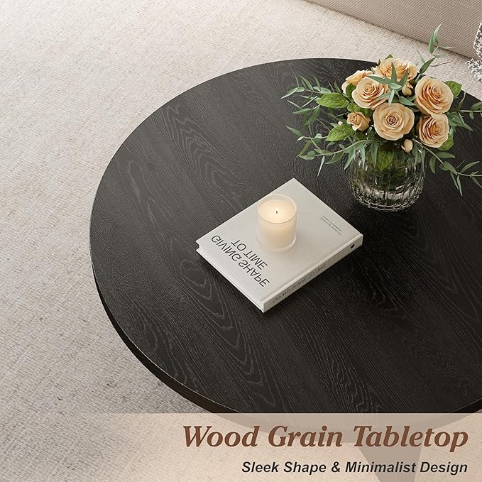 Luoxiao 31.5" Black Round Coffee Table Modern Circle Center Table for Living Room, Space-Saving Wood Accent Table for Apartments, Study, with Adjustable Feet Pads, Easy Assembly