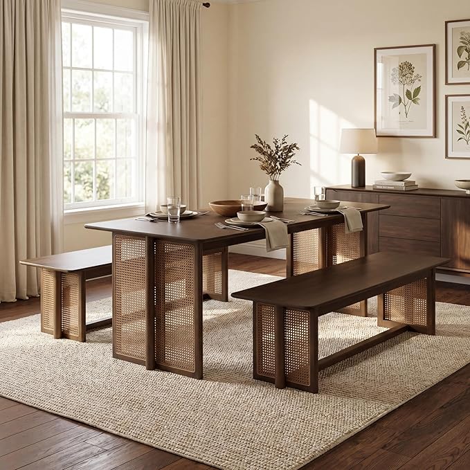 Merax Farmhouse Rubber Wood Dining Table Set for 3- Wood 70.87''L Rectangular Kitchen Table, 2 Dining Bench with Rattan Accents Legs for Kitchen, Living Room, Easy Assemble,Walnut