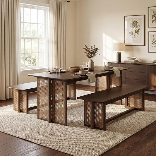 Merax Farmhouse Rubber Wood Dining Table Set for 3- Wood 70.87''L Rectangular Kitchen Table, 2 Dining Bench with Rattan Accents Legs for Kitchen, Living Room, Easy Assemble,Walnut
