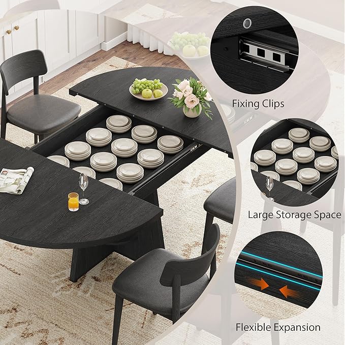 Extendable Dining Table, Round Kitchen Dining Room Dinner Table with for 4 6 8 People, Space Saving Modern Oval Expandale Furniture with Storage and Pedestal for Kitchen Living Room (Black)