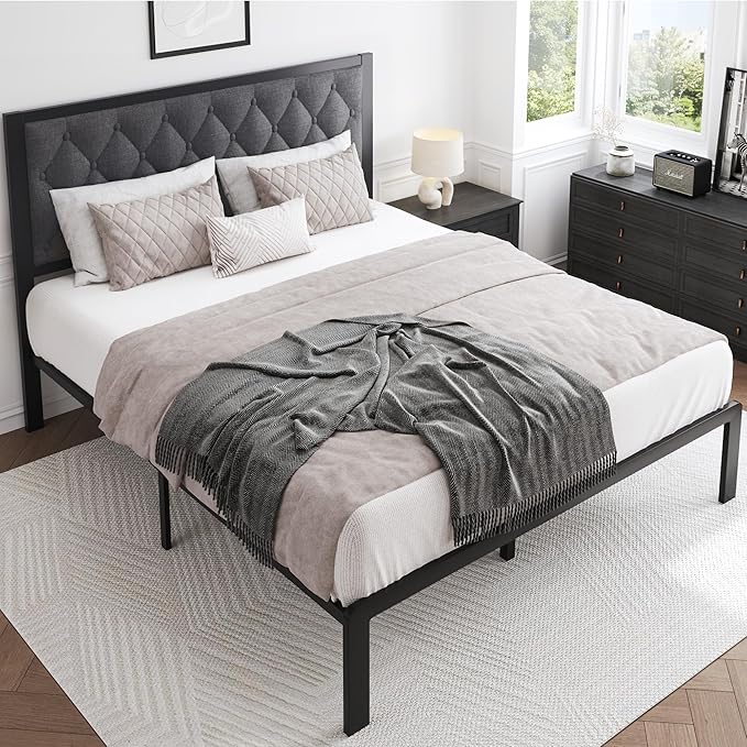 HISOFT Queen Bed Frame with Upholstered Button Tufted Headboard, Bed Frame Platform Metal Slats Support, Under Bed Storage, No Box Spring Needed, Noise-Free, Easy Assembly, Grey