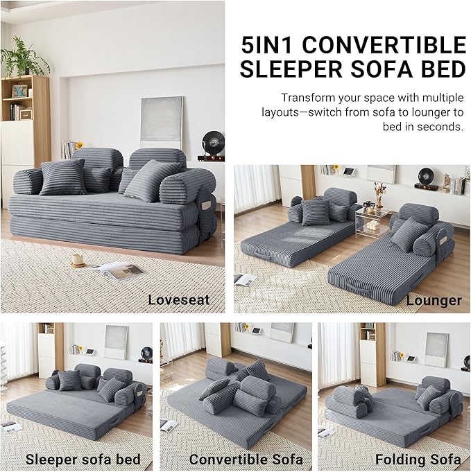 78.8" Convertible Sofa Bed with High Backrest Headrest, 5-in-1 Corduroy Boneless Couch with Side Pocket, Sleeper Loveseat Couch Bed Sectional Couches for Living Room, No Assembly, Gray