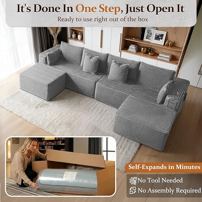 138" Cloud Sectional Couch, Comfort U Shaped Sofa for Living Room, Extra Deep Seats No Assembly, Minimalist Modular Couch, Corduroy (Light Grey, 6 Seats,U-Shape A)