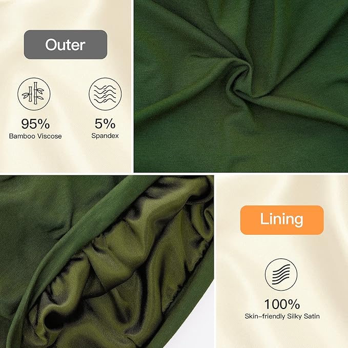 Silk Satin Lined Bonnet Sleep Cap - Adjustable Stay on All Night Hair Wrap Cover Slouchy Beanie for Curly Hair Protection for Women and Men - Solid Olive Green