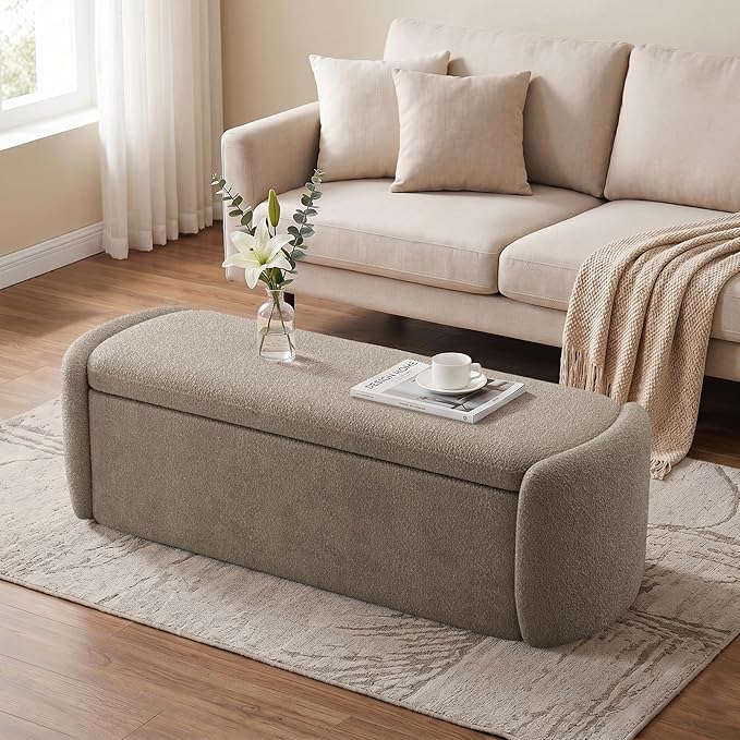 VKNOW 51" Storage Ottoman Bench, Upholstered End of Bed Bench with Smooth Hinges, Oval Large Ottoman Bench for Bedroom, Living Room and Hallway Entryway, Brown