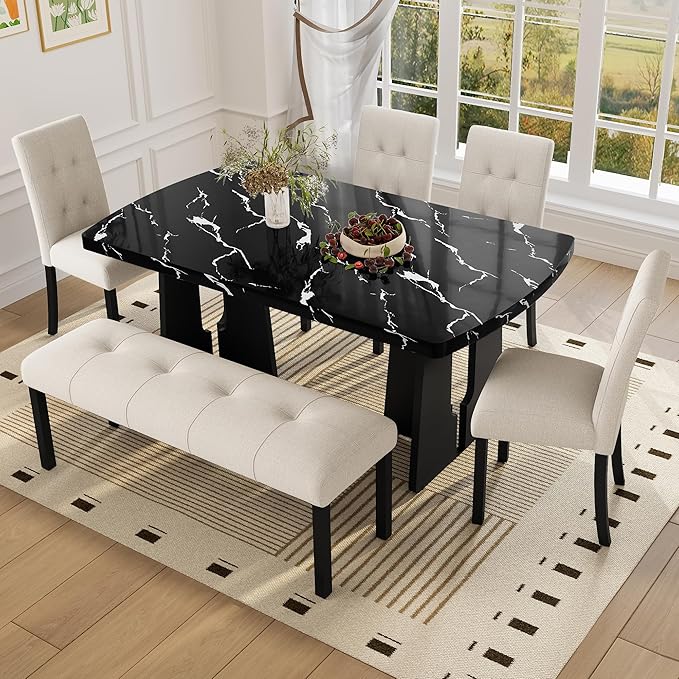 Merax 6-Piece Dining Table Set for 6, Modern Faux Marble Oval Kitchen Tabletop with Four Upholstered Chairs and One Bench for Dining, Living Room, Kitchen, Easy Assembly, Black+ Beige