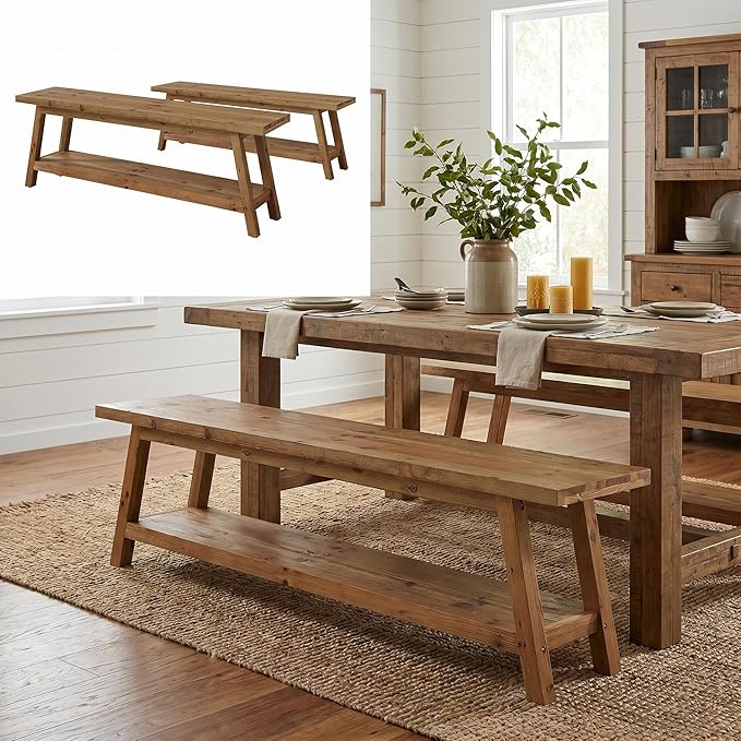 Set of 2 63” Wood Dining Room Bench, Farmhouse Kitchen Bench with Storage Shelf, Solid Wood Rusit Backless Bench for Dining Table, Extra Long Seating for Kitchen Room