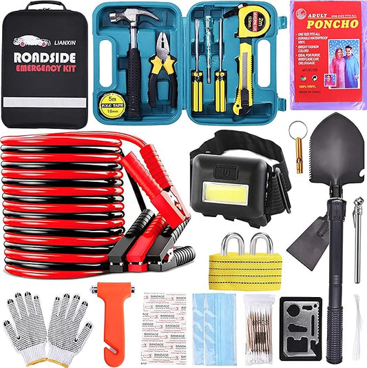 LIANXIN Emergency Roadside Kit for Car - Roadside Safety Tool Kit,with Jumper Cables Car Kit Headlamp Folding Shovel Safety Hammers Tow Rope, Emergency Roadside Car Kit