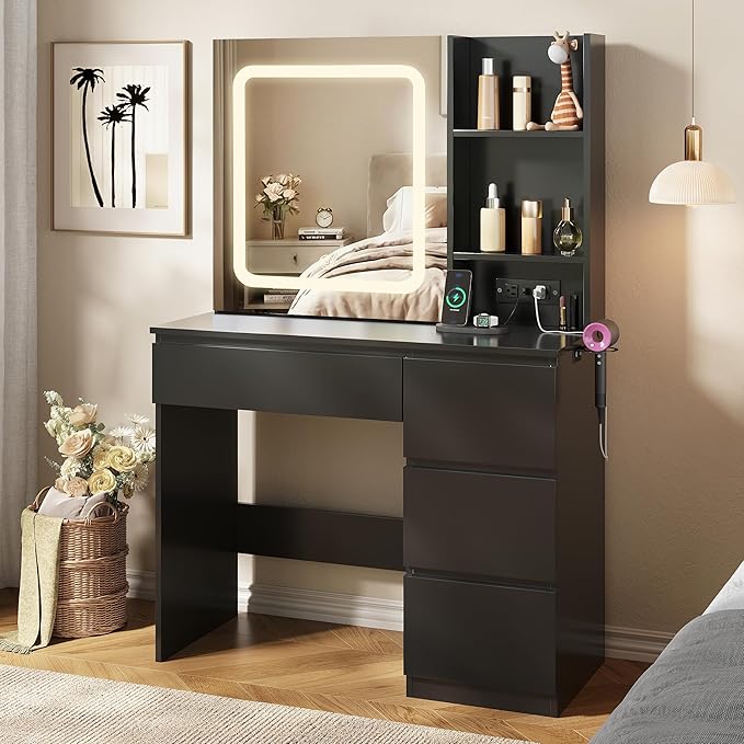 Vabches Make Up Vanity Desk with Charging Station, Vanity Set with Mirror and Lights,Dressing Table with 4 Drawers & Storage Shelves,37inch, Black