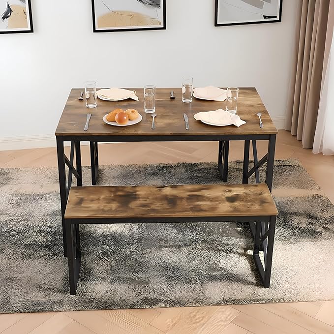 VECELO 43.3" Kitchen Dining Table Set for 4, Heavy-Duty Steel Frame & Wood-Grain Tabletop, Space-Saving Dinette Sets with 2 Benches for Breakfast Nook and Small Space, Brown
