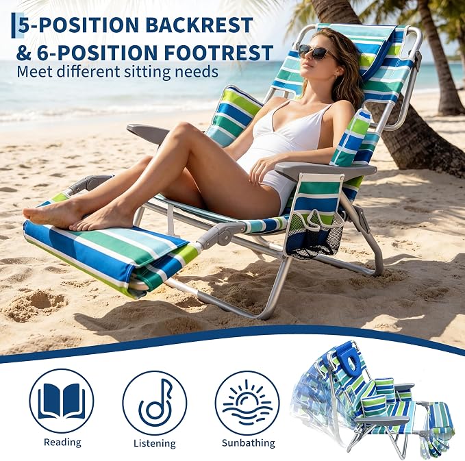 GarveeLife Backpack Beach Chair for Adults, Lightweight Portable Lay Flat Folding Beach Chair with 5 Reclining Positions, Backpack Straps, Phone Pocket (with Face Hole - 2 Pack)