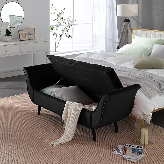 Storage Bench for Bedroom End of Bed, 65" Velvet Upholstered Rolled Armed Button Tufted Stool Bench, Storage Ottoman Long Bench with with 2 Pillows for Entryway (Black)