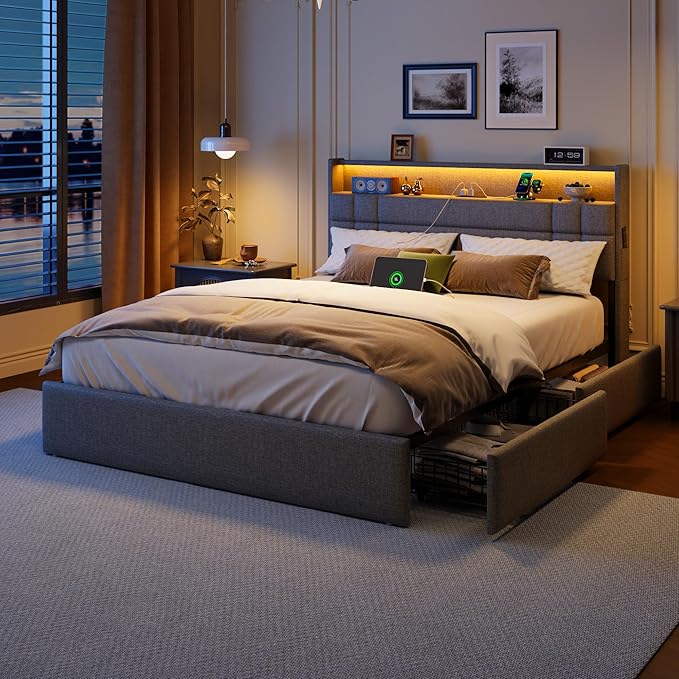 Forestell Full Size Bed Frame with 4 Drawers and Storage Headboard, Grey Upholstered Platform Bed Frame Full Size with Charging Station and LED Lights, Metal Slats Support, No Box Spring Needed