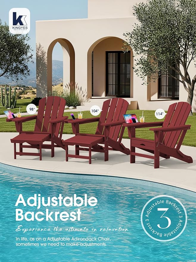 KINGYES Adjustable Folding Adirondack Chair with Footrest & 4-in-1 Multi-Functional Armrest Organizer Set of 2, HDPE Foldable Recliner Adirondack Chair with Pull-Out Ottoman, Red